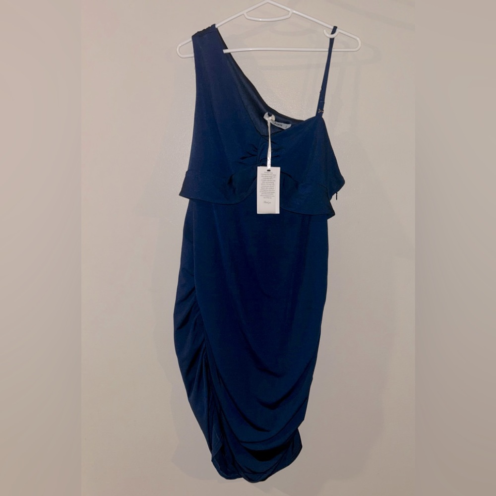 Grace Karin One Shoulder Ruched Bottom Formal Midi Dress -Navy Blue (2X) NWT